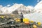 Happy hiker walking in the mountains. Himalayas, Everest Base Camp trek, Nepal