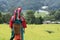 Happy hill tribe in paddy rice field colorful costume dress