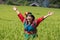 Happy hill tribe smile in paddy rice field colorful costume dress