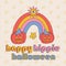 Happy hippie halloween - 70s Retro Groovy Halloween card design, typography banner for holiday poster. rainbow with