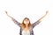 Happy hipster elated woman with arms out raised up isolated on w