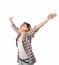 Happy hipster elated woman with arms out raised up isolated on w