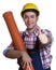Happy hispanic construction worker with water pipe showing thumb