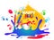 Happy Holi background with color splash, color guns and bucket illustration.