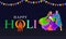 Happy Holi Celebration Banner Design with Bonfire, Indian Couple Playing Colors and Bunting Flags Decorated on Dark