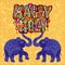 Happy Holi design with two elephants on floral indian background