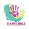 Happy holi festival colored palm prints vivid splashes