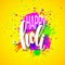 Happy Holi festival of colors greeting background with colorful Holi powder paint clouds and sample text. Vector