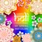 Happy Holi festival of spring and colors square vector banner or social media post template with flowers and mandalas on rainbow b