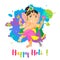 Happy Holi Holiday poster with Lord Ganesha God. Colorful flat cartoon style illustration
