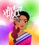 Happy Holi lettering card design with beautiful Indian woman in a sari on the background of colorful gulal.