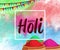 Happy Holi spring festival of colors background with realistic volumetric colorful Holi powder paint clouds and sample text. Blue,