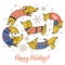 Happy Holiday card witn funny dachshunds in christmas sweaters. Vector illustration
