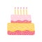 Happy holiday cream cake with two tiers. Decorated birthday cake with burning candles isolated on a white background