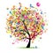 Happy holiday, funny tree with baloons