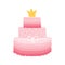 Happy holiday pink cake in three tiers for a little princess. Birthday cake with gold crown and bow isolated on white