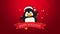 Happy Holidays with funny penguin and snow on red background