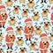 Happy holidays. Seamless pattern with cute santa claus, pug, hearts, bows and lollipops.