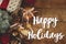 Happy Holidays text on christmas cookies, stylish gift, festive decorations on rustic wooden table. Atmospheric composition.