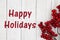 Happy holidays text with red berry branch