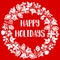 Happy Holidays vector card with white wreath isolated on red background