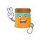 Happy honey jar cartoon design concept show two fingers