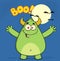 Happy Horned Green Monster Cartoon Character With Welcoming Open Arms And Boo Text