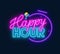 Happy hour neon sign on dark background.