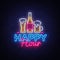 Happy Hour neon sign vector. Happy Hour Design template neon sign, Night Dinner, celebration light banner, neon