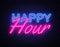 Happy Hour Neon Text Vector. Happy Hour neon sign, design template, modern trend design, night neon signboard, night