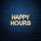 Happy hours sale vector advertisement, glowing neon realistic te