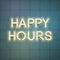 Happy hours sale vector advertisement, glowing neon realistic te