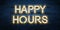 Happy hours sale vector advertisement, glowing neon realistic text design