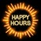 Happy hours shiny neon sign advertisement, banner, vector illustration