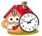 Happy house cartoon funny character holding analogue clock isolated