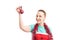 Happy housemaid wearing red apron and garland or tinsel