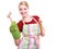 Happy housewife apron oven mitten holds kitchen utensil isolated