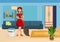 Happy Housewife Cleaning Flat Vector Illustration