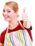 Happy housewife in kitchen apron showing thump up hand sign