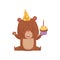 Happy humanized bear sitting on floor and holding cupcake with candle. Flat vector for Birthday postcard or poster