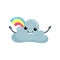 Happy humanized cloud with wide open arms and rainbow behind him. Cute weather emoji. Cartoon flat vector design for