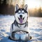 A happy husky with its ears perked up as it sniffs the air around its bowl by AI generated