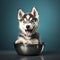 A happy husky with its ears perked up as it sniffs the air around its bowl by AI generated