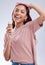 Happy, ice cream and portrait of woman with sunglasses in studio with dessert, snack and sweet treats. Fashion, smile