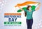 Happy Independence day 15 th august Happy independence day of India , girl running with Indian flag.vector illustration.greeting