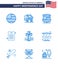 Happy Independence Day 4th July Set of 9 Blues American Pictograph of court; cross; sign; american; declaration of independence