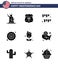 Happy Independence Day 4th July Set of 9 Solid Glyphs American Pictograph of flower; star; security; police; decoration