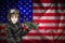 HAPPY INDEPENDENCE DAY, banner, american patriotic background. American Boy in the helmets of the pilot