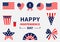 Happy independence day icon set. United states of America. 4th of July. Waving, crossed american flag, heart, round shape, badge w
