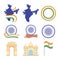 Happy independence day india, map flag landmark famous monuments wheel icons set